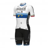 2022 Abbigliamento Ciclismo European Champion Bahrain Victorious Blu Bianco Manica Corta e Salopette