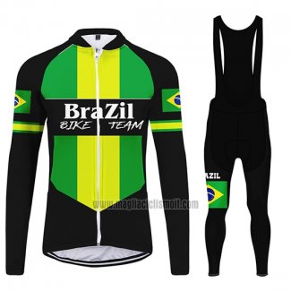 2020 Abbigliamento Ciclismo Brasile Nero Verde Manica Lunga e Salopette